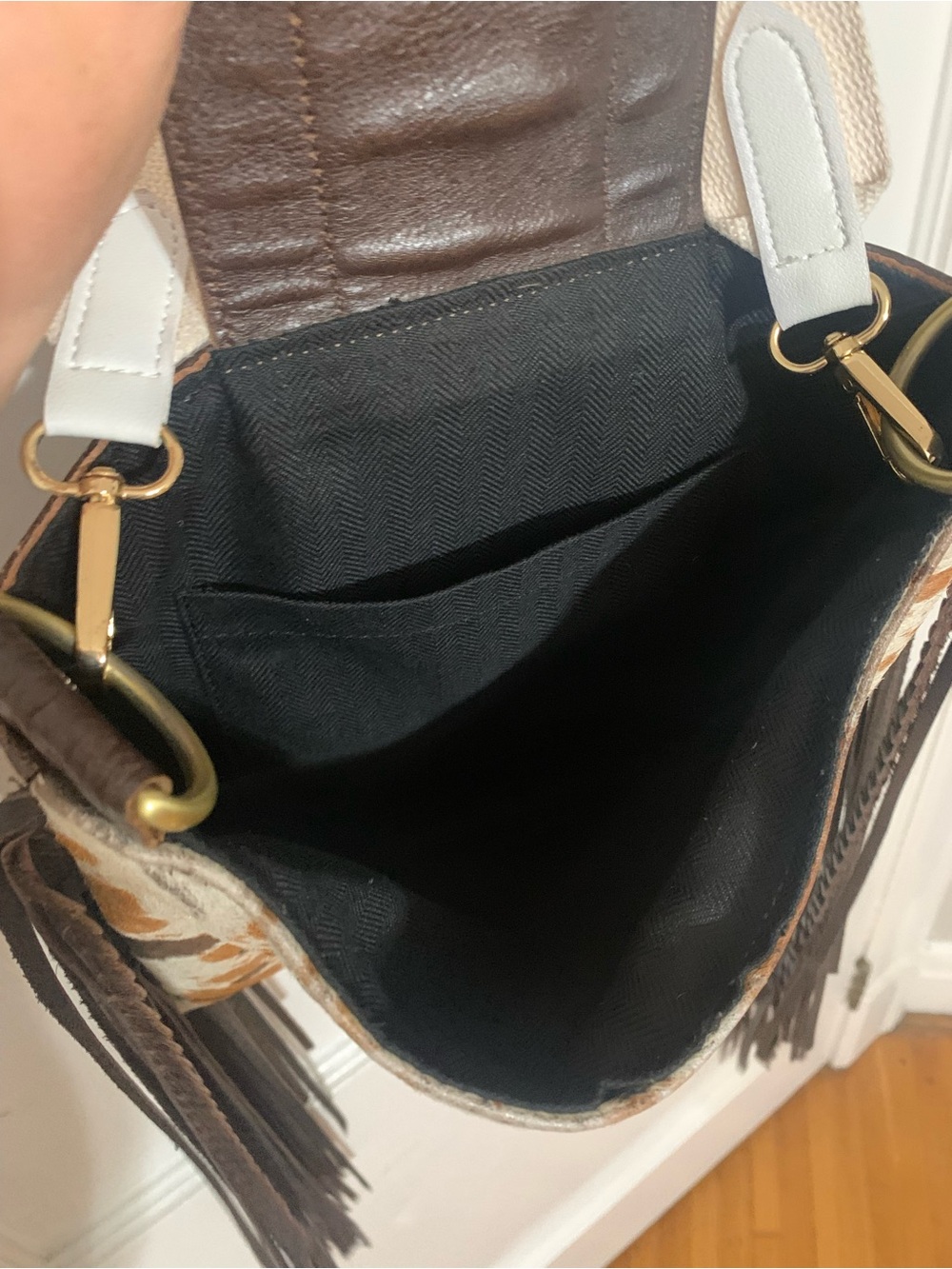 Upcycled Louis Vuitton Material, Brown & White Cowhide Fringe Shoulder Bag - Picture 7 of 8